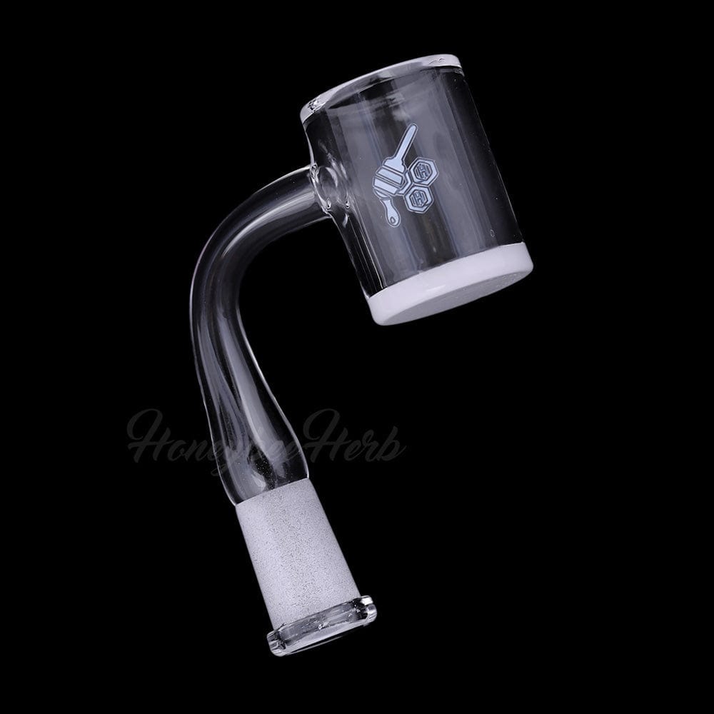 A close-up side view of the HONEY & MILK BEVEL QUARTZ BANGER - 90° DEGREE  YL, showing its angled quartz construction.