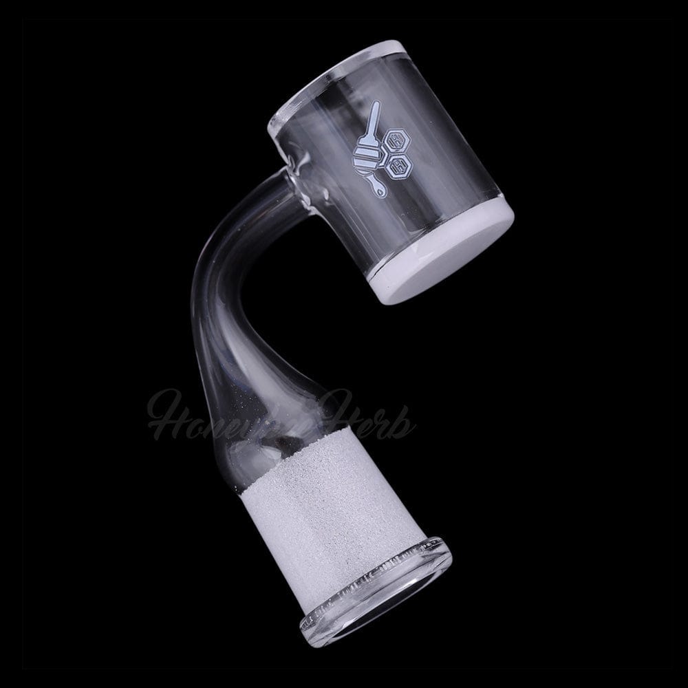 A studio shot of the HONEY & MILK BEVEL QUARTZ BANGER - 90° DEGREE  YL, with a slightly angled view of its polished quartz surface.