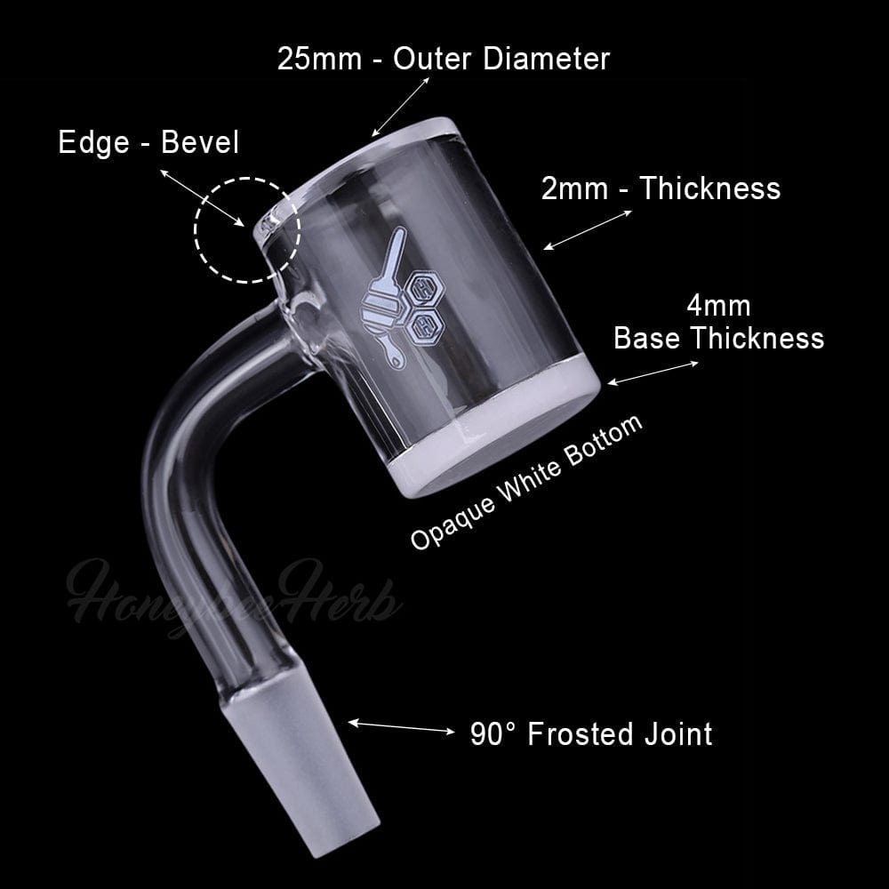 A close-up, angled view of the HONEY & MILK BEVEL QUARTZ BANGER, showing its 90° degree joint and glossy, reflective surface.