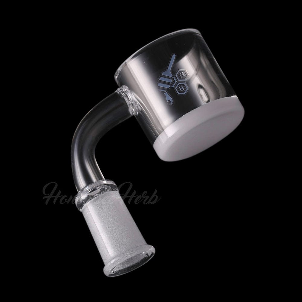 Angled close-up of the HONEY & MILK XL BEVEL QUARTZ BANGER - 90Â° DEGREE | YL showing the curved 90° joint and frosted 14mm female connection against a black background