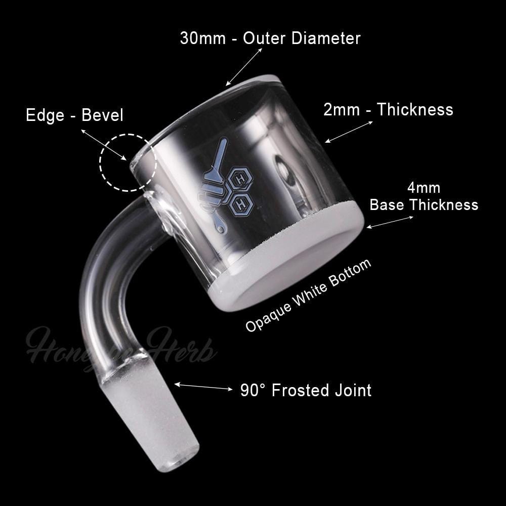 Angled close-up of the HONEY & MILK XL BEVEL QUARTZ BANGER - 90Â° DEGREE | YL showing its beveled 30mm cup, opaque white bottom, and frosted 90° joint against a black background