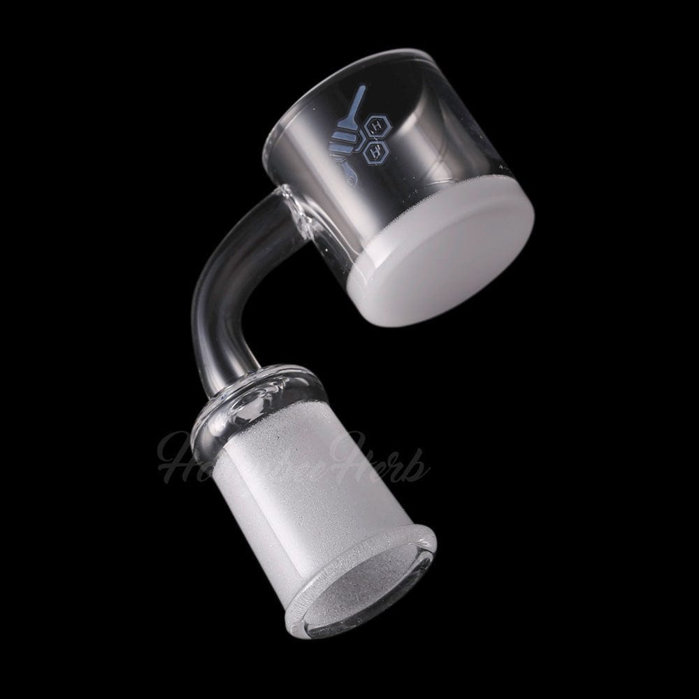 Angled close-up of the HONEY & MILK XL BEVEL QUARTZ BANGER - 90Â° DEGREE | YL showing its clear 90-degree neck, frosted joint, and polished bucket against a black background