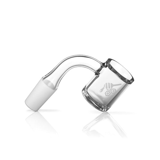 A slightly angled view of the Original Bevel Quartz Banger - 90° Degree, showcasing its clear quartz construction and reflective surface.