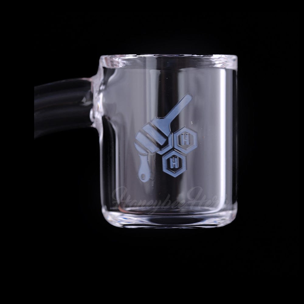 A close-up, angled view of the ORIGINAL BEVEL QUARTZ BANGER - 90° DEGREE  YL, featuring a clear quartz construction.