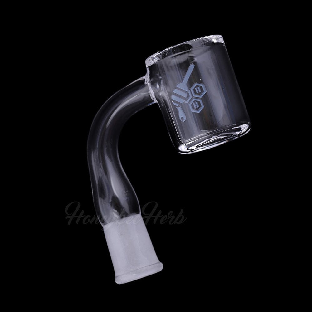 A studio shot of the ORIGINAL BEVEL QUARTZ BANGER - 90° DEGREE, showcasing its clear quartz construction and angled design.