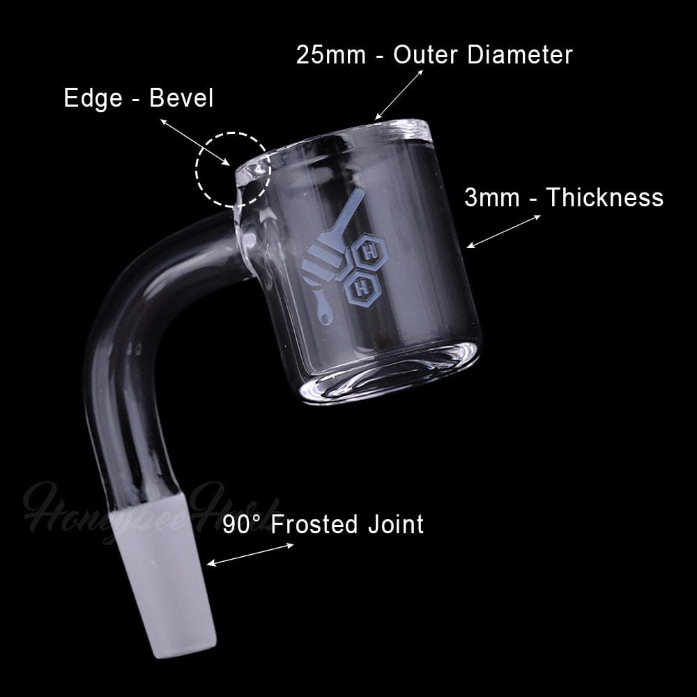 A close-up, angled view of the Original Bevel Quartz Banger – 90° Degree, showcasing its clear quartz construction and joint connection.