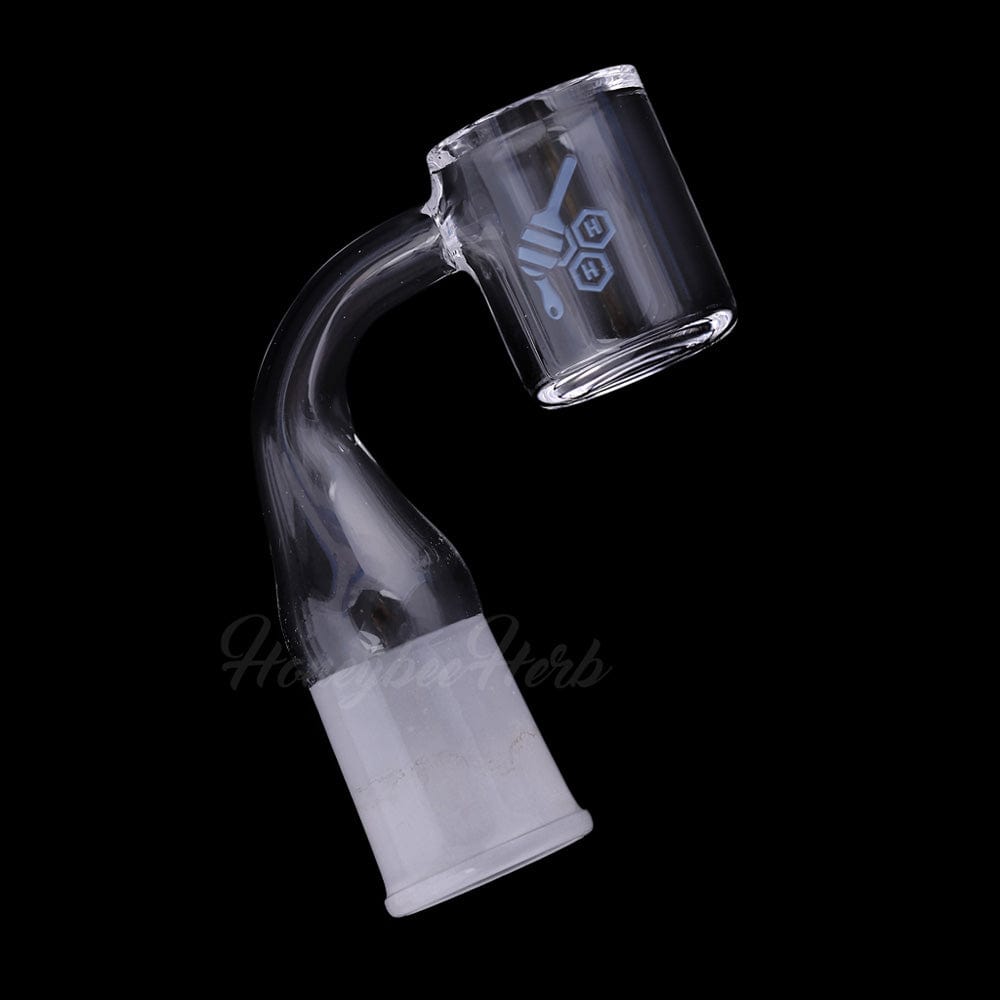 A close-up, angled view of the ORIGINAL BEVEL QUARTZ BANGER - 90° DEGREE, displaying its clear quartz construction and angled design.
