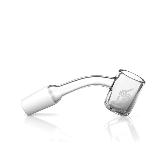 A 45-degree angle view of the YL THICK ORIGINAL QUARTZ BANGER, displaying its clear quartz construction and rounded shape.