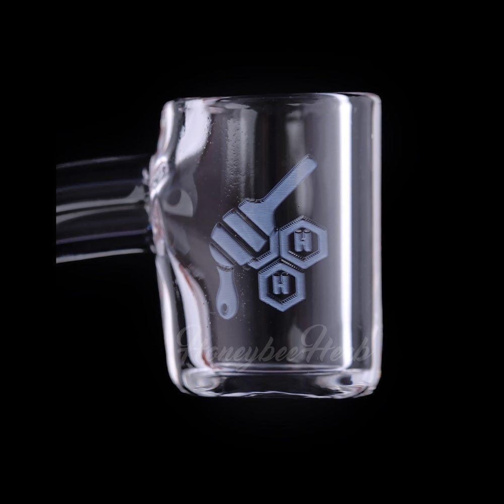 A close-up, angled view of the THICK ORIGINAL QUARTZ BANGER - 45° DEGREE  YL, showing its clear quartz construction and 45-degree angle.