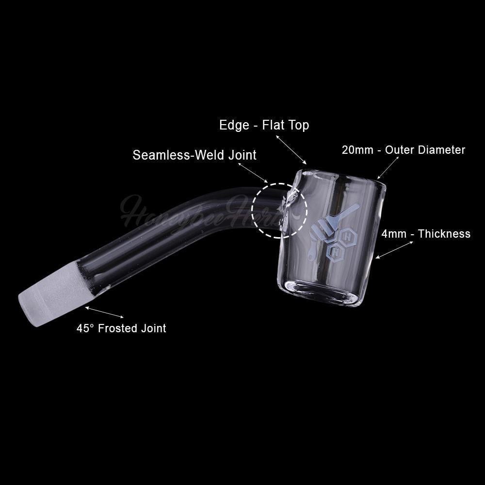 A 45-degree angled view of the THICK ORIGINAL QUARTZ BANGER - 45° DEGREE  YL, showcasing its clear quartz construction and seamless design.