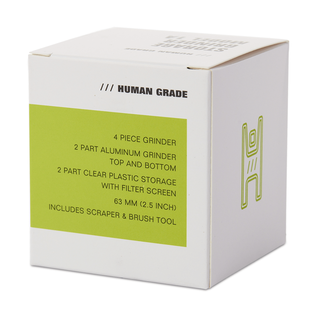 Front view of the Human Grade Storage Grinder 1A (2.5”), a silver metal grinder against a solid black background.