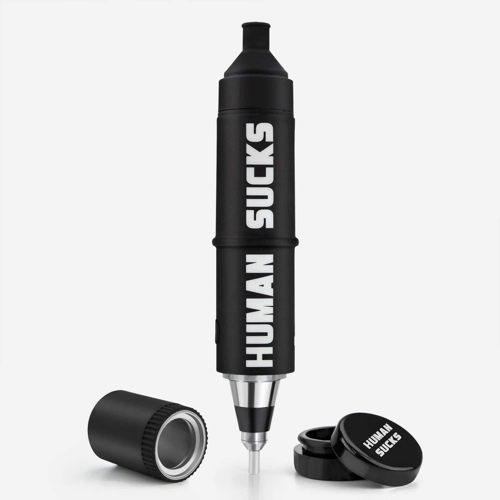 A product shot of the STINGER Electric Nectar Collector by Human Sucks, shown at a slight angle with its cap beside it on a white surface.