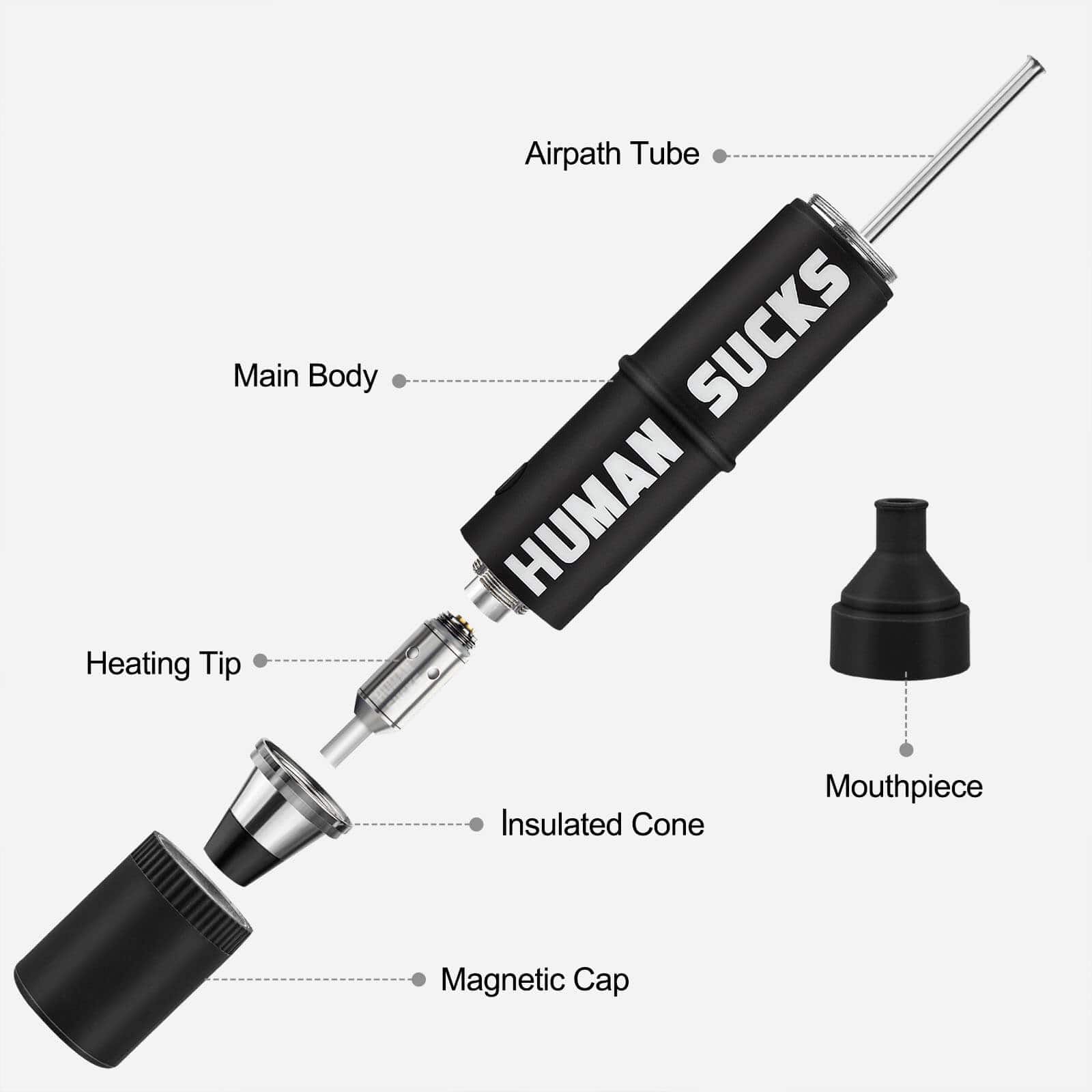 Close-up of the STINGER Electric Nectar Collector by Human Sucks, showing its metal tip and black mouthpiece against a white background.