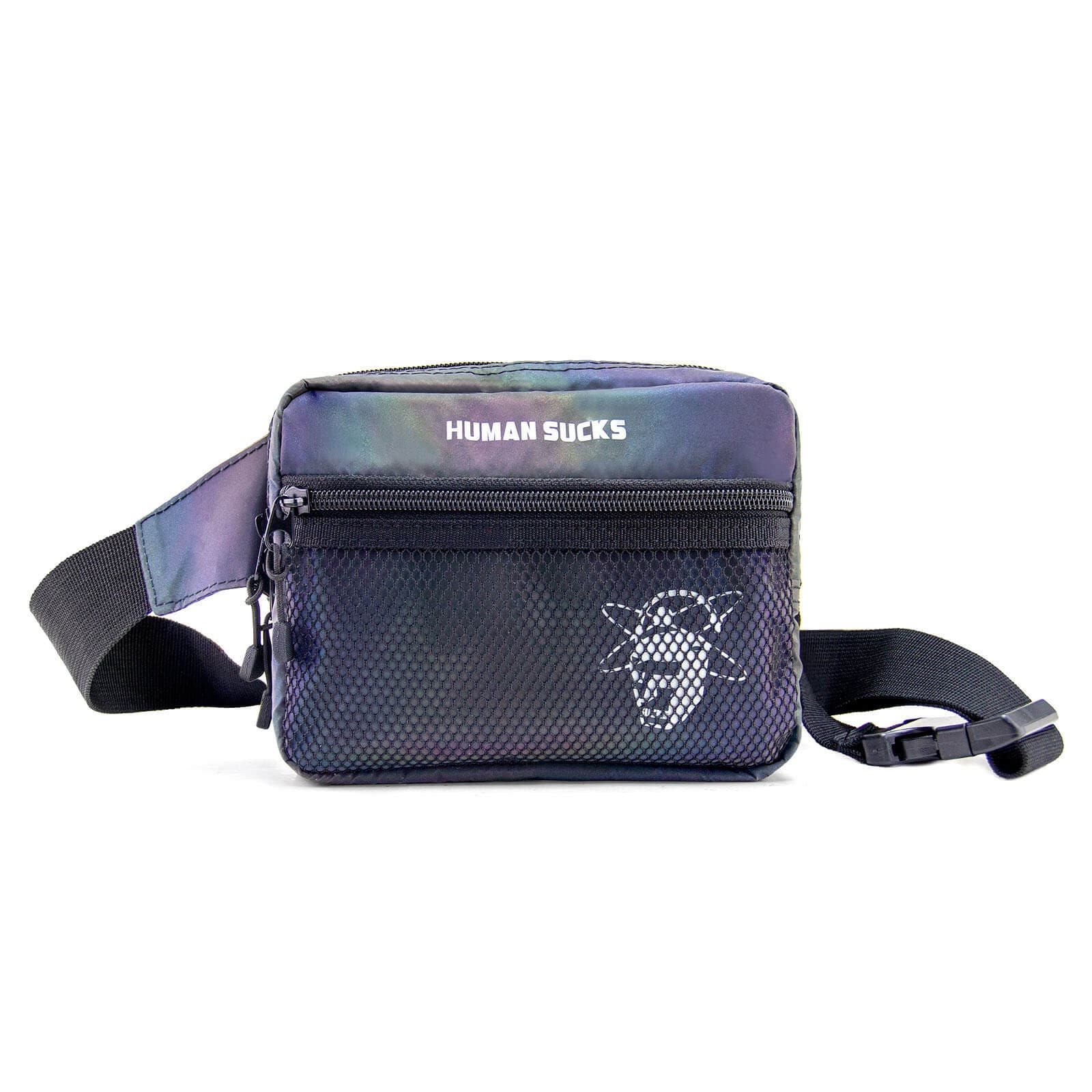 A side view of the HUMAN SUCKS Reflect Fanny Pack, a silver pouch with a black strap and buckle, against a plain white background.