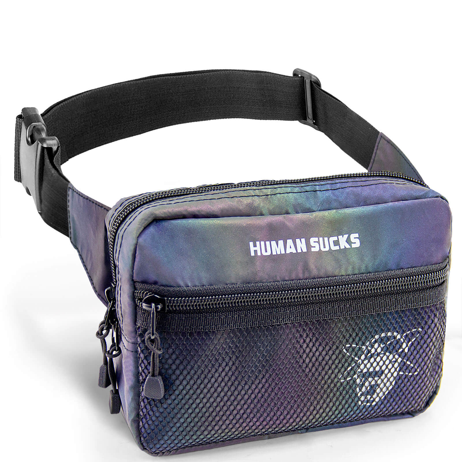 A close-up, angled view of the HUMAN SUCKS Reflect Fanny Pack, featuring a silver, iridescent design and black strap.