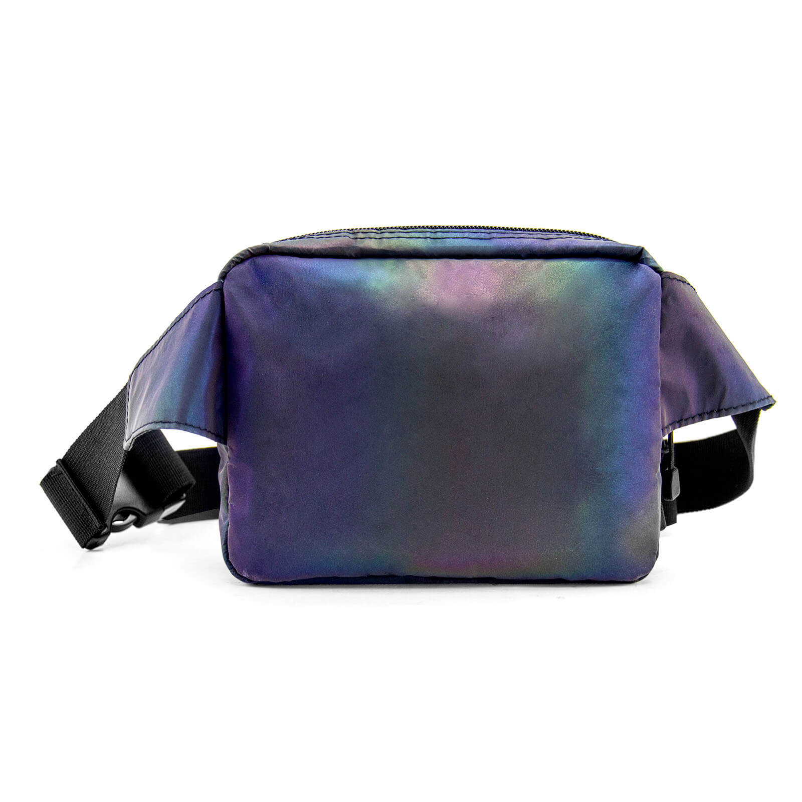 A front view of the HUMAN SUCKS Reflect Fanny Pack, a dark iridescent bag with a black strap against a plain white background.