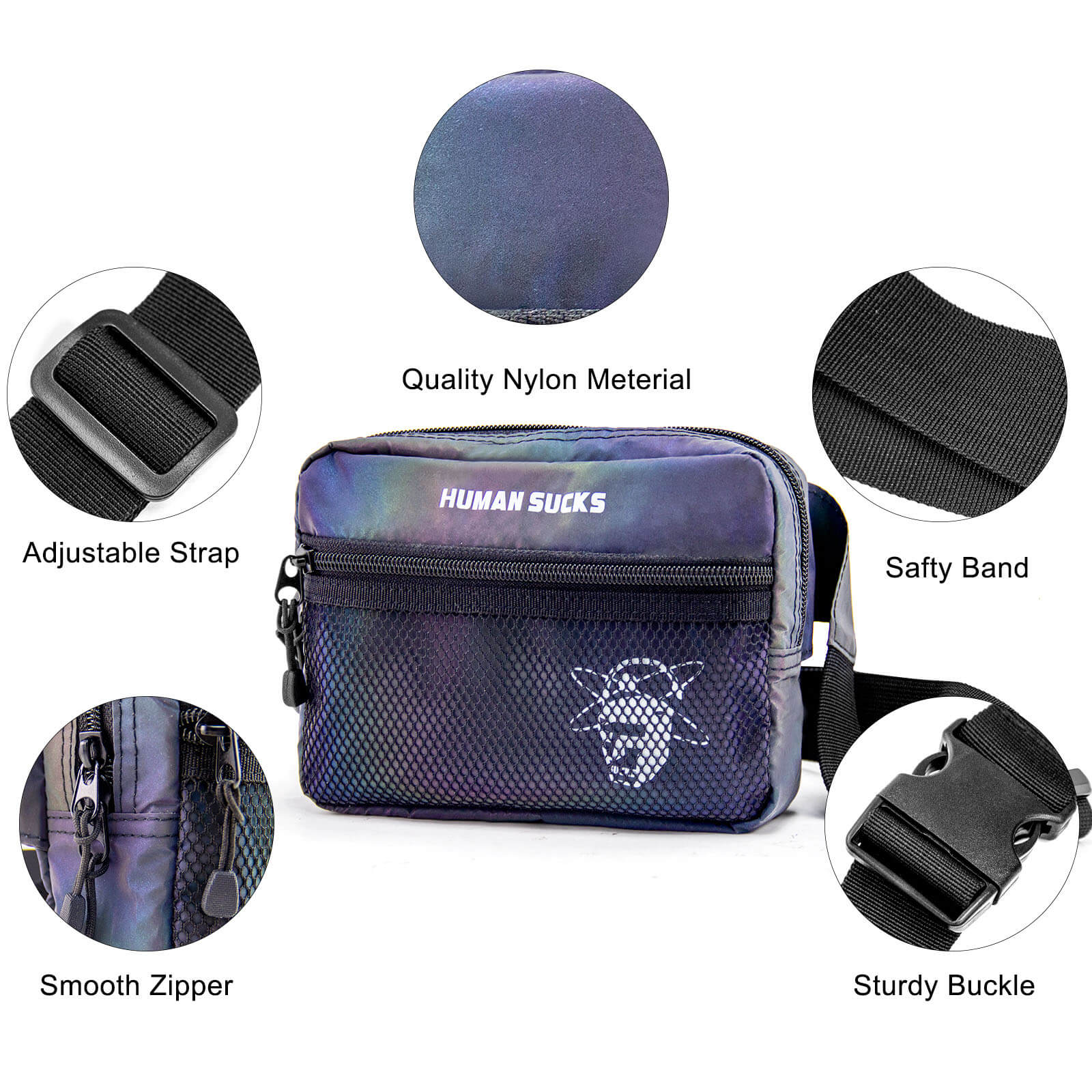 Close-up of the HUMAN SUCKS Reflect Fanny Pack, showcasing its black buckle and nylon strap against a dark background.