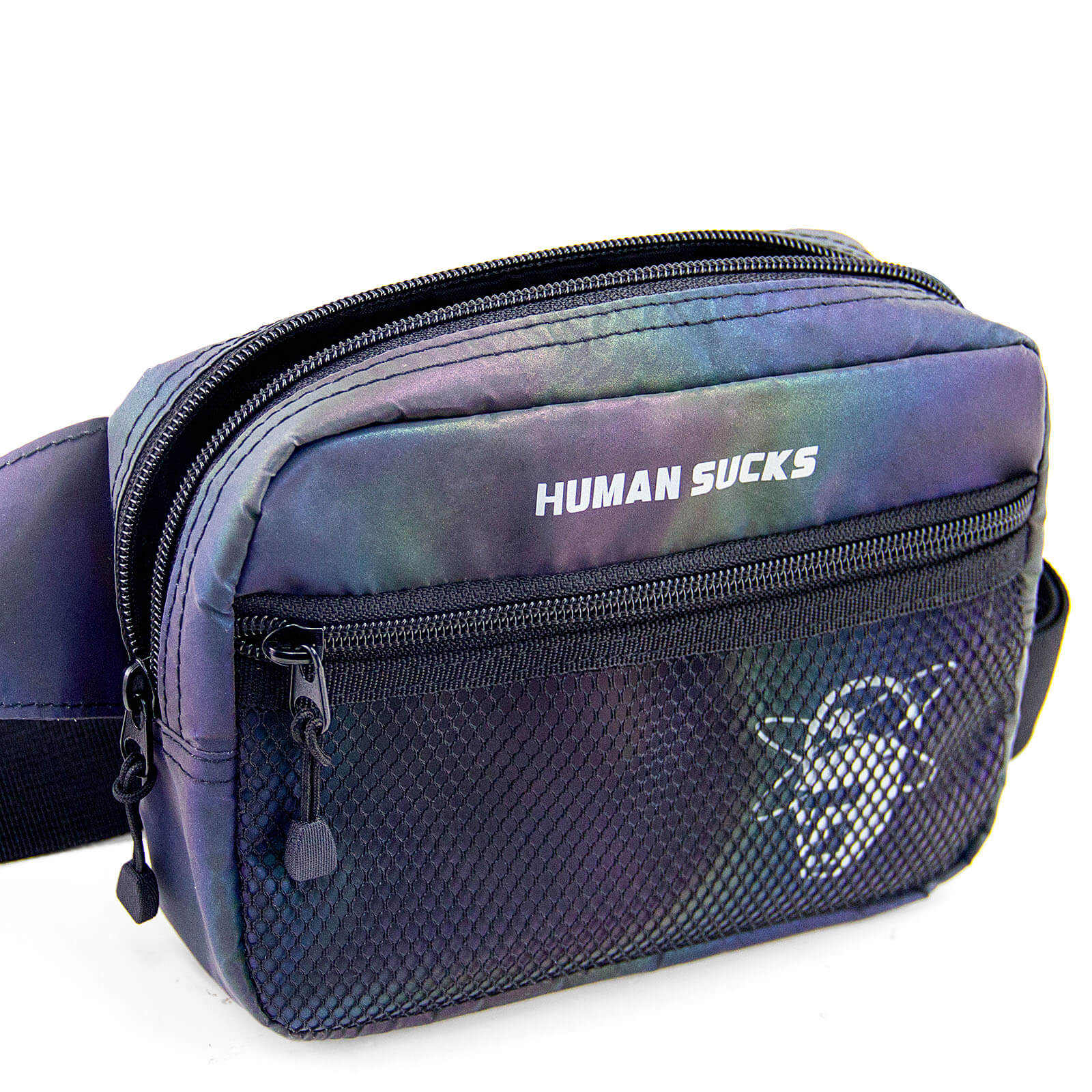 A close-up of the HUMAN SUCKS Reflect Fanny Pack, shown from a slight angle with a black strap and reflective material.