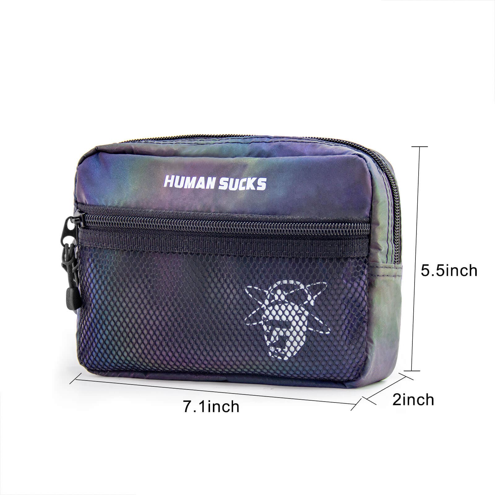 A slightly angled studio shot of the HUMAN SUCKS Reflect Fanny Pack, showing a black pack with a reflective sheen.