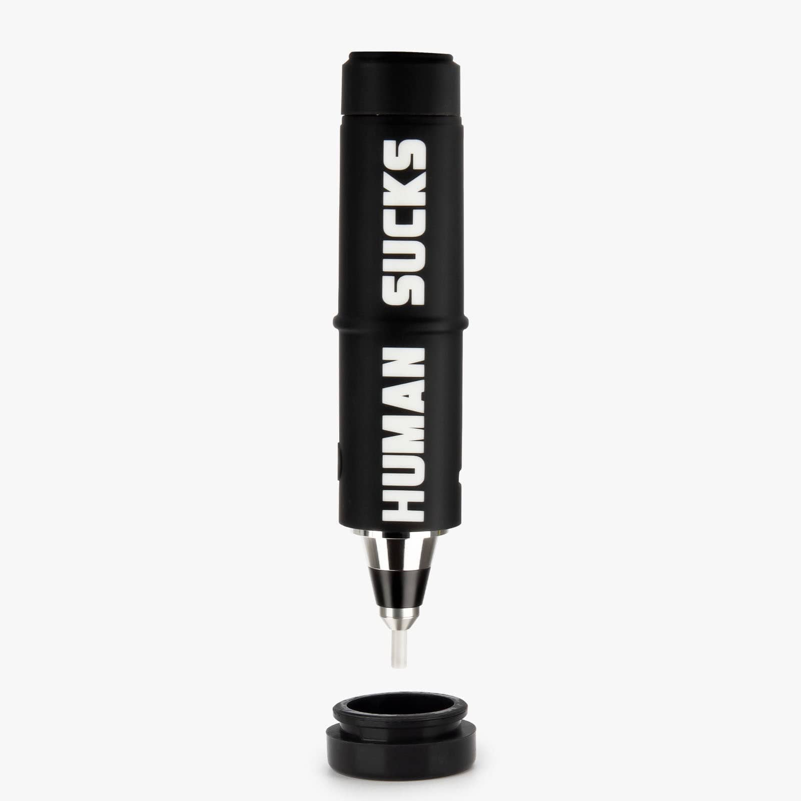 Front view of the HUMAN SUCKS STINGER 2| a black, cylindrical device with a pointed tip against a plain white background.