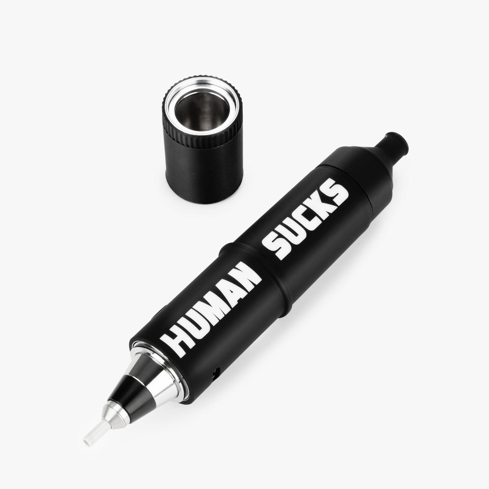 A close-up, angled view of the HUMAN SUCKS STINGER 2| showing its cylindrical glass body and a detached mouthpiece.