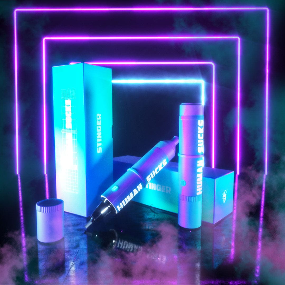 A vibrant, front view of the STINGER NEON, highlighting its sleek design alongside illuminated, geometric shapes.