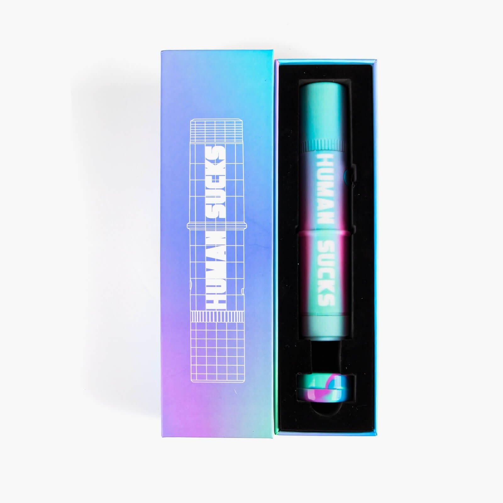 Front view of the STINGER NEON, a bright, colorful glass piece displayed against a dark background.