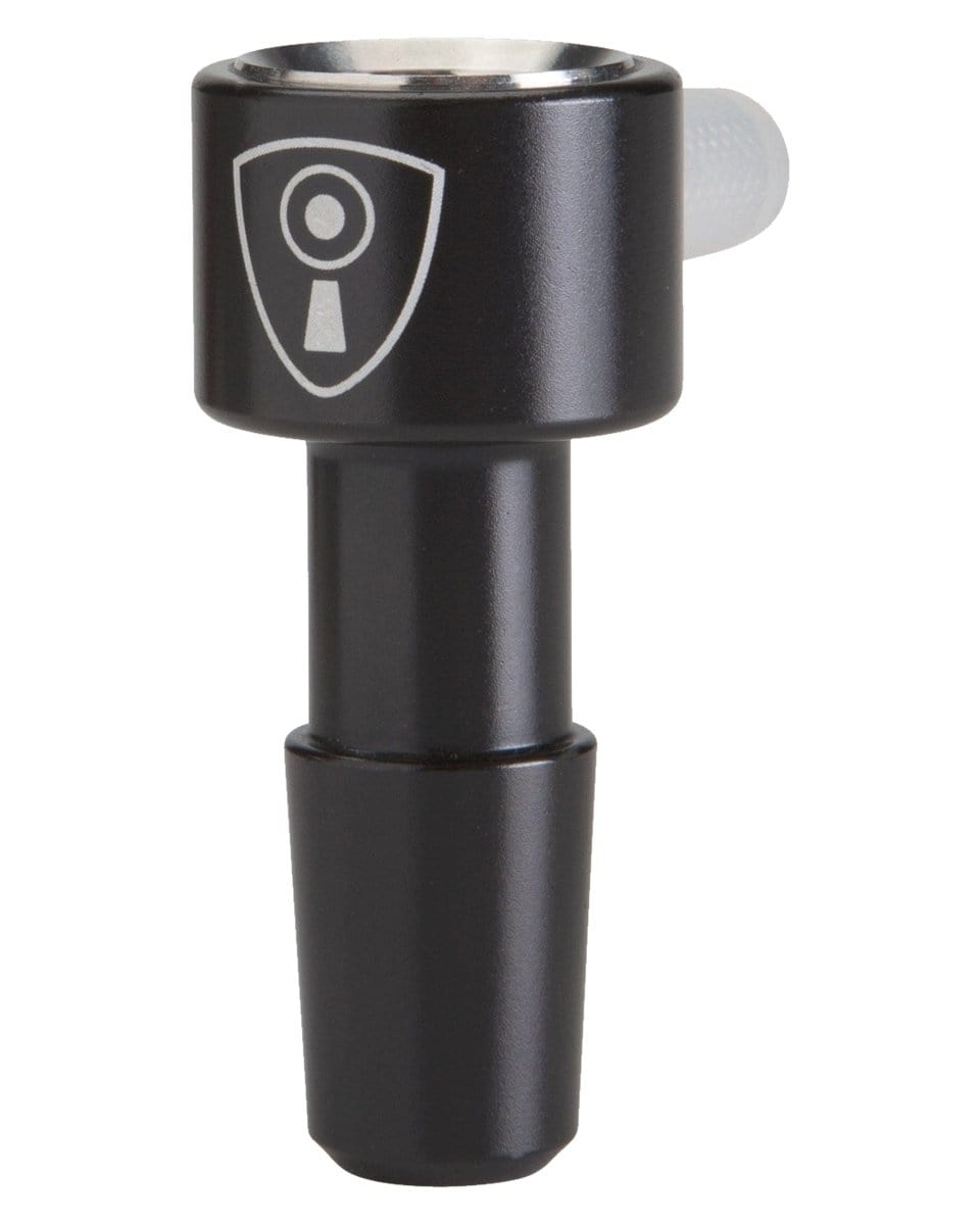 A close-up, angled view of the Indestructible Bong Bowl, displaying its dark, sleek construction and simple design.
