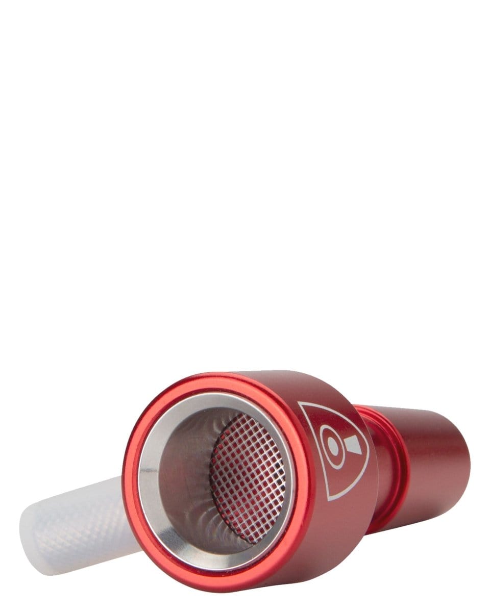 Close-up view of the Indestructible Bong Bowl, showcasing the metal mesh screen inside the red glass bowl.