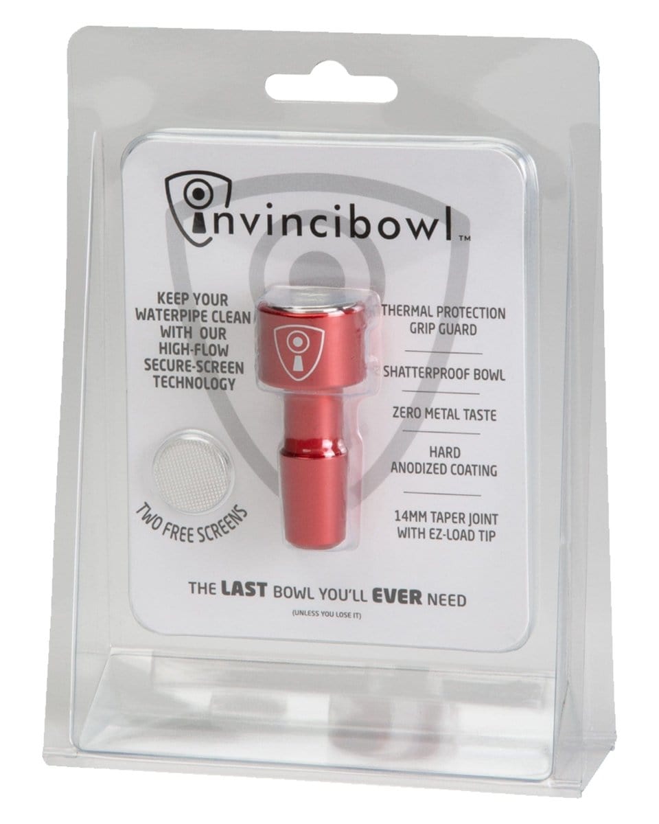 A close-up, angled view of the Indestructible Bong Bowl with text overlays promoting its durable construction and features.