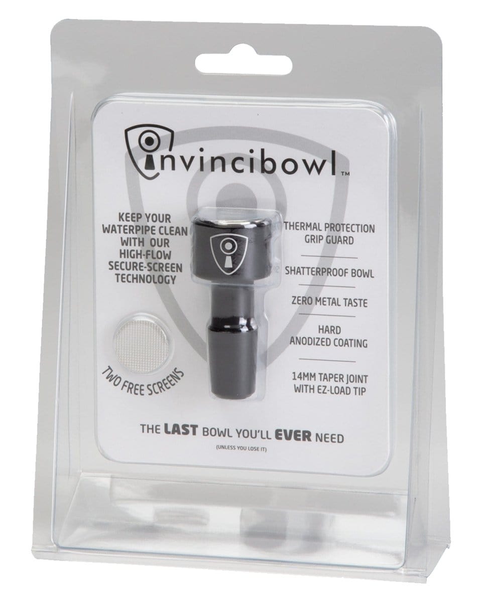 A close-up of the Indestructible Bong Bowl, showing its metal design and text-labeled features against a dark background.