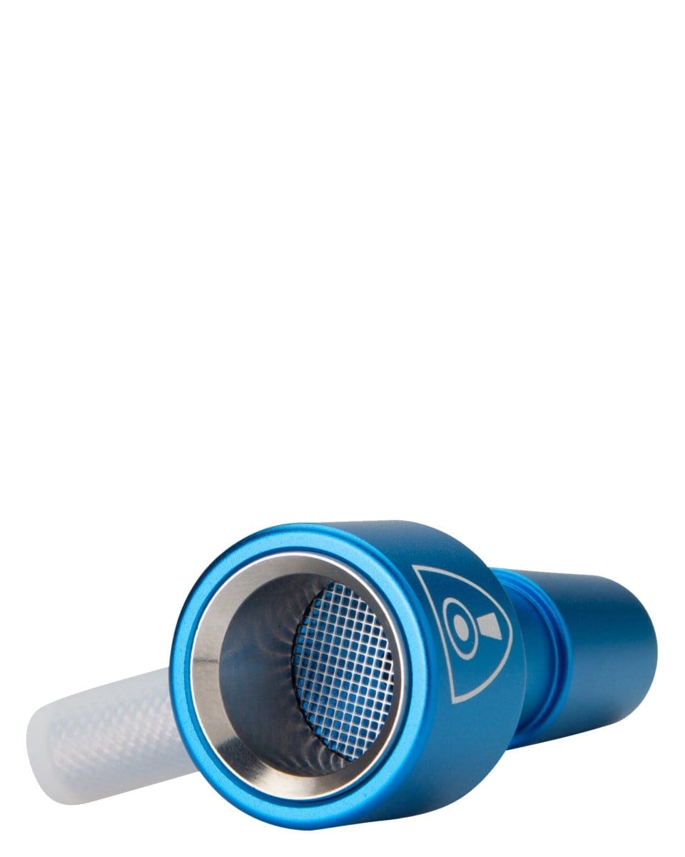 Close-up view of the Indestructible Bong Bowl, showing a metal screen inside the blue glass bowl from a slightly angled perspective.