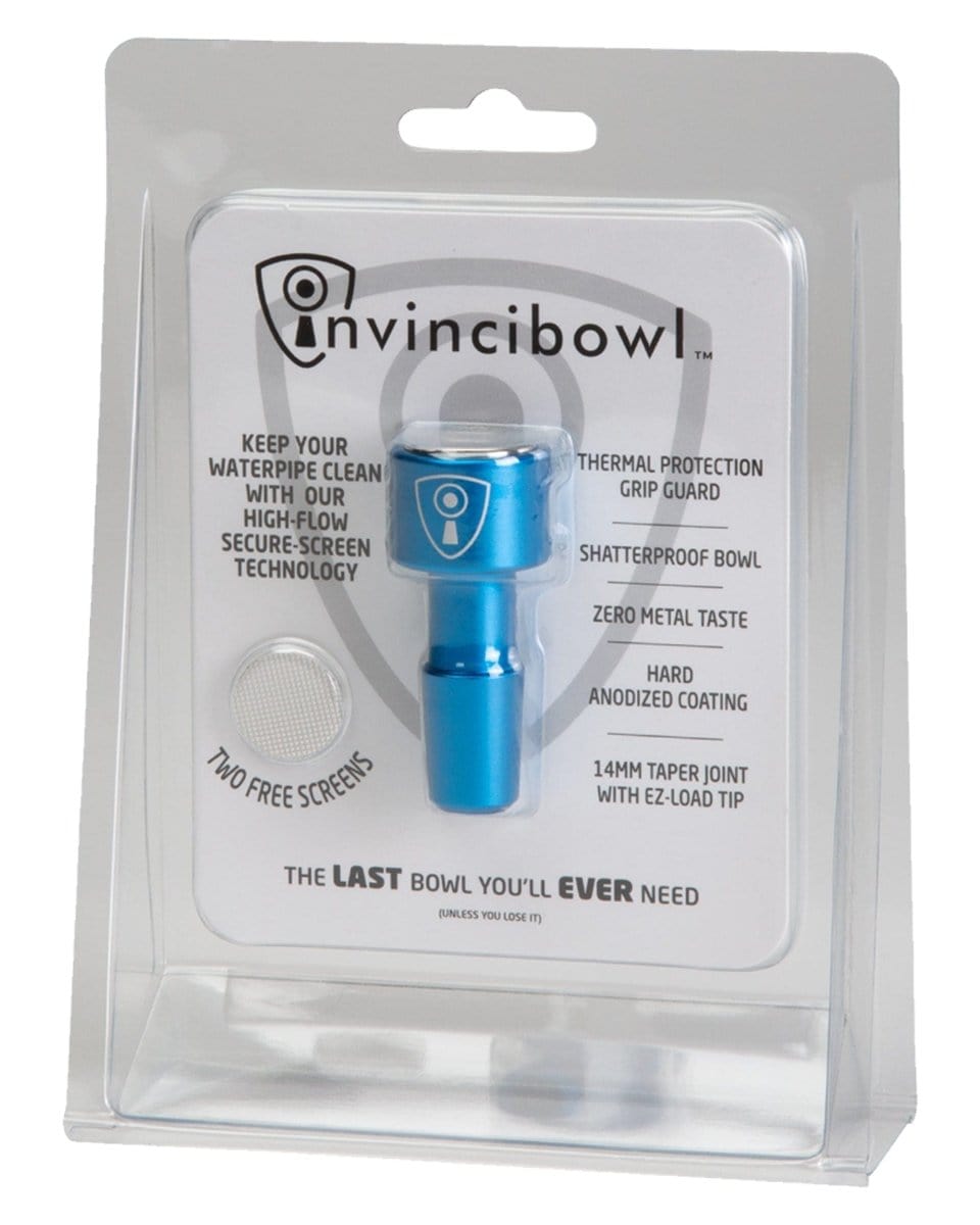 A close-up, angled view of the Indestructible Bong Bowl, featuring text around its metallic surface and branding details.