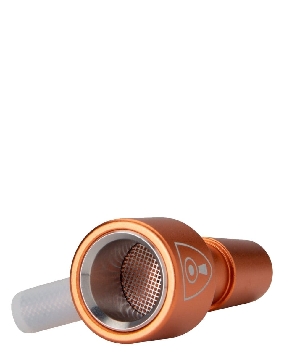 Close-up view of the Indestructible Bong Bowl, showcasing its interior mesh screen and amber-toned glass construction.