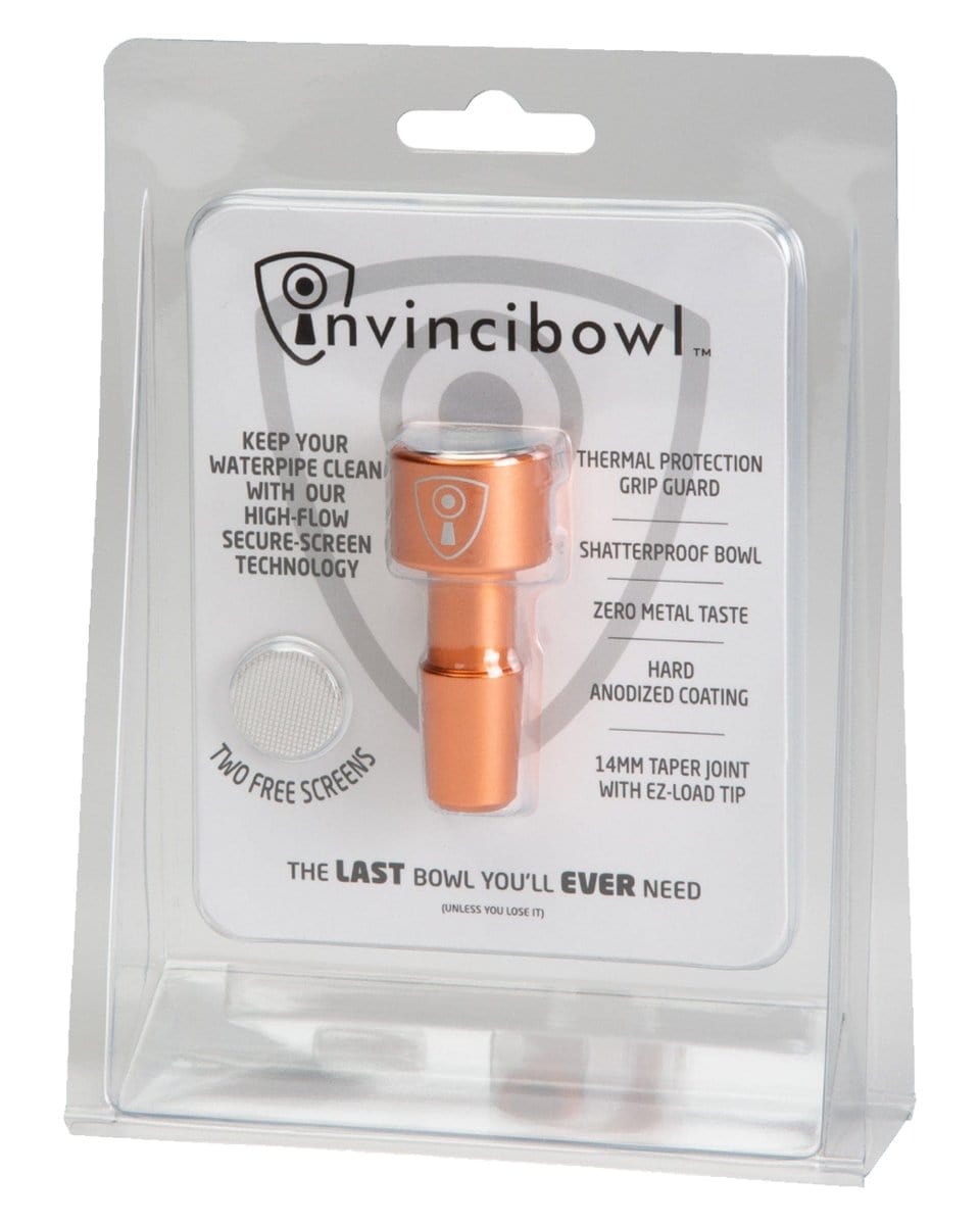 A close-up, angled view of the Indestructible Bong Bowl, showcasing its metallic finish and text-filled branding details.