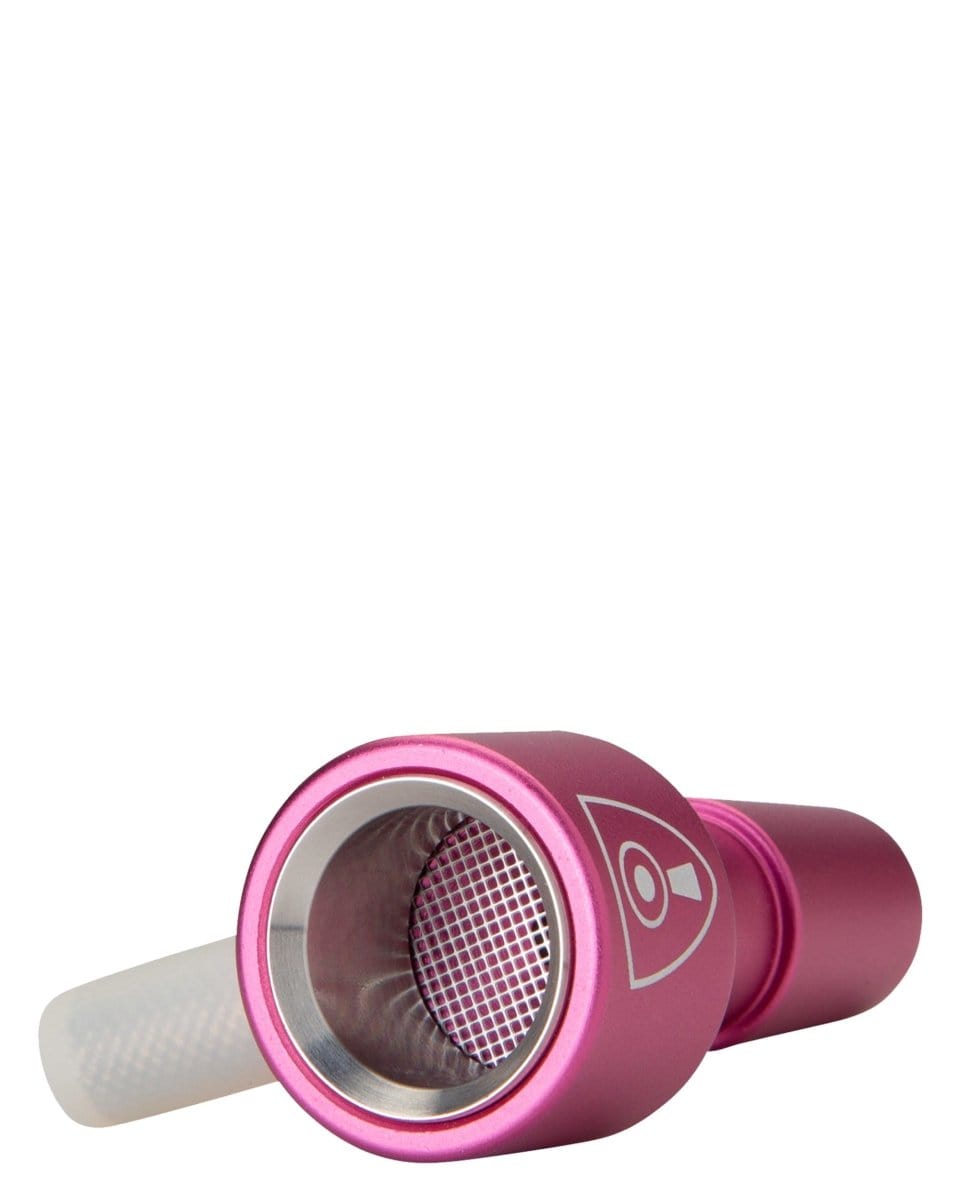 Close-up view of the Indestructible Bong Bowl, showing its mesh screen and pink-hued ceramic construction.