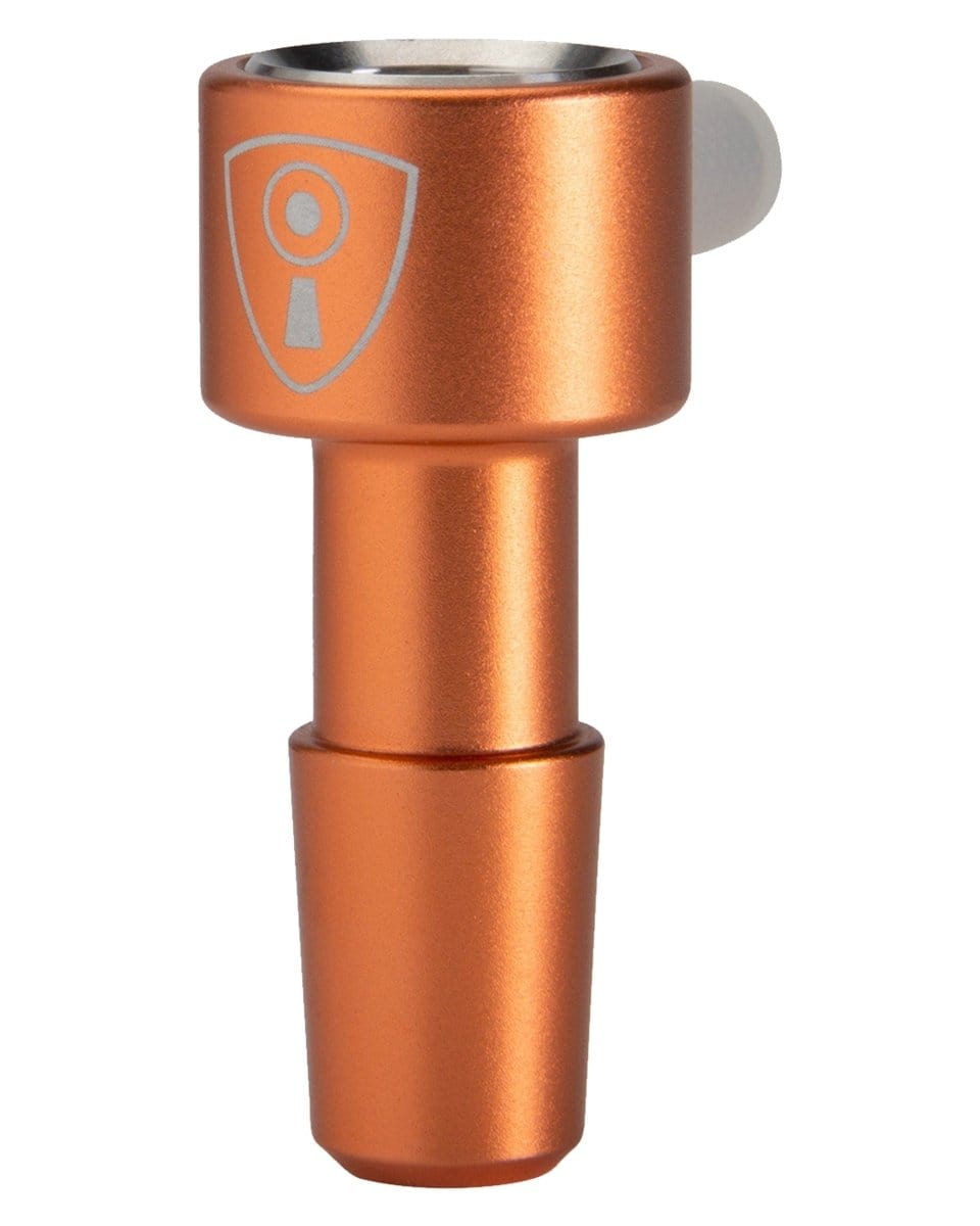 A close-up, angled view of the Indestructible Bong Bowl, featuring a frosted glass bowl and a simple, cylindrical shape.