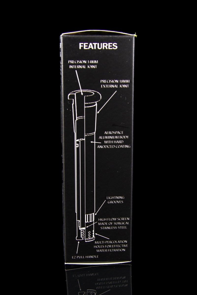 A close-up, angled view of the “Invincibowl “Invincipole” Adjustable Aluminum Downstem” with text overlays highlighting features and specifications.