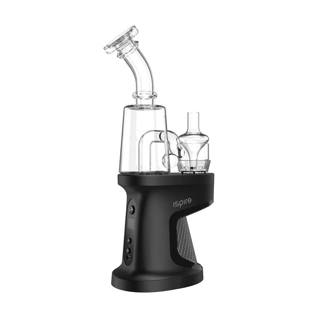 Front view of the Daab Induction E-Rig with a clear glass bubbler attachment and black base.