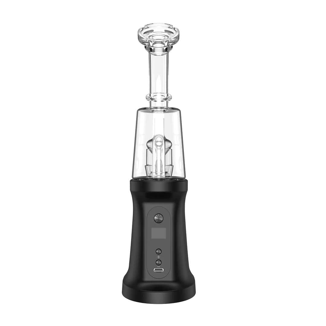 Front view of the Daab Induction E-Rig, featuring a black base and a clear glass bubbler extending upwards at an angle.