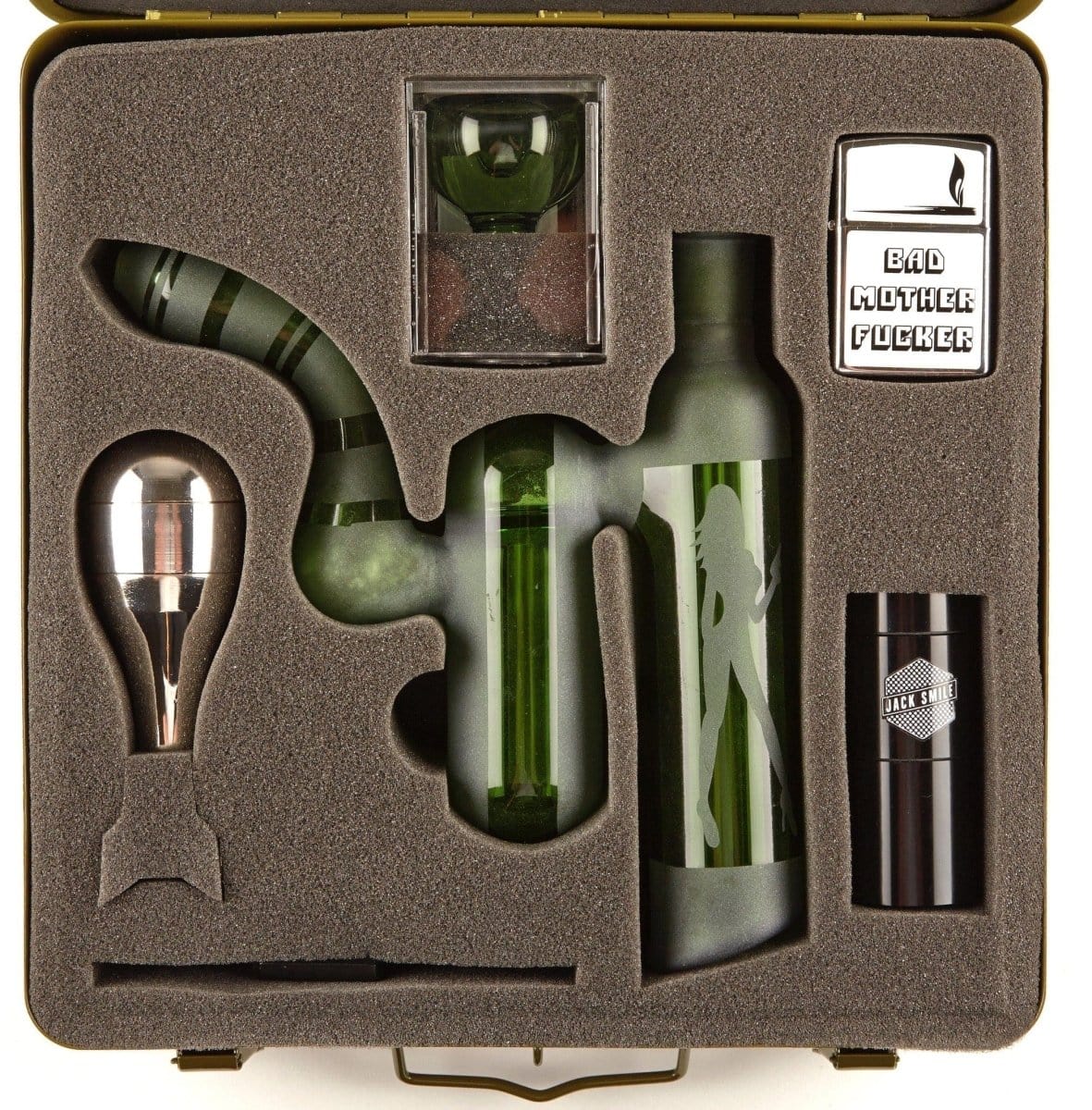 Front view of the First Aid Smoking Kit, displayed open in a black case with various smoking accessories neatly arranged inside.