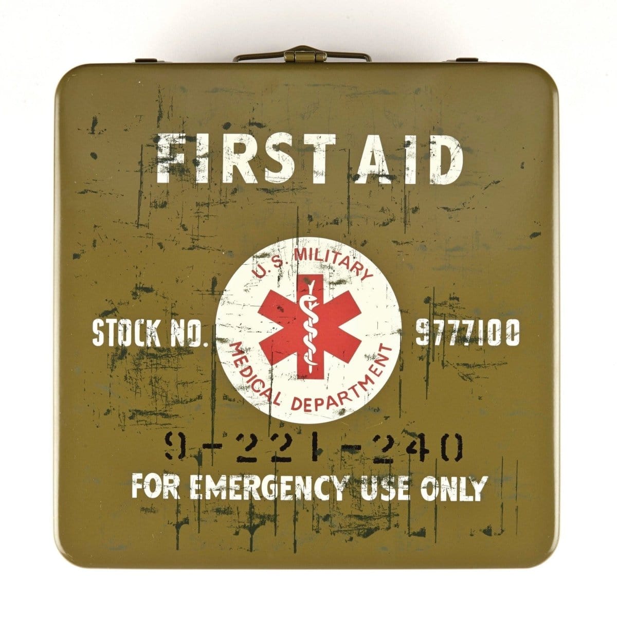 Front view of the First Aid Smoking Kit, a vintage-style metal box with bold lettering and a military-inspired design.