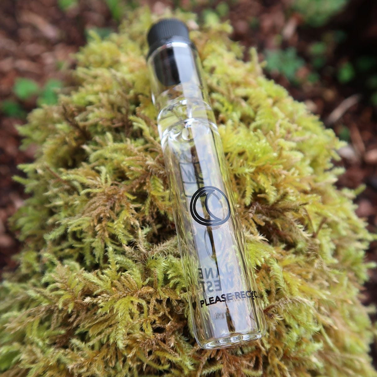 A close-up of the Jane West Travel Pipe resting amongst vibrant green moss, showcasing its sleek, cylindrical shape.
