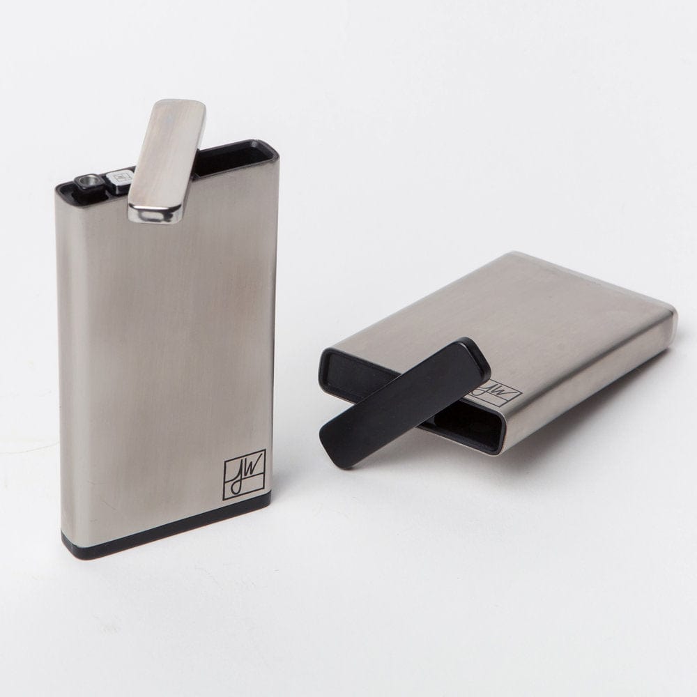 The Classic, a silver-toned metal case, is shown open, revealing an empty interior, and angled slightly towards the viewer.