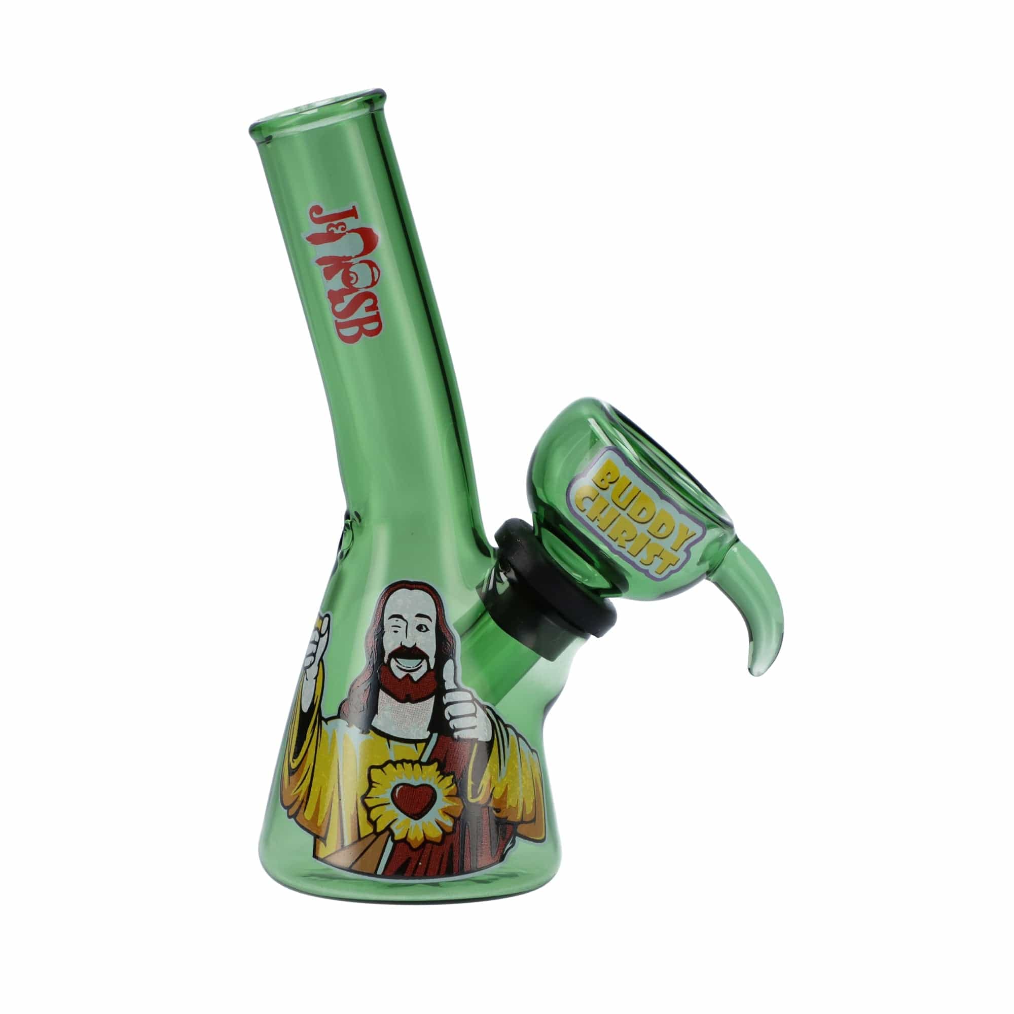 A front view of the 4" Mini Water Pipe - Buddy Christ Green, displaying a sculpted green design.