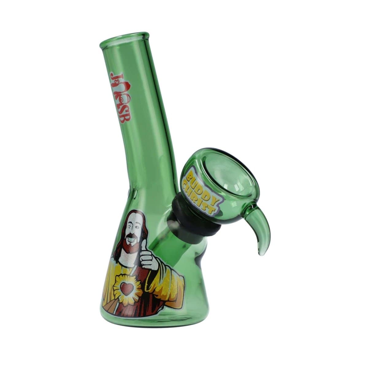 Front view of the 4" Mini Water Pipe - Buddy Christ Green, featuring a colorful design on its green glass body.