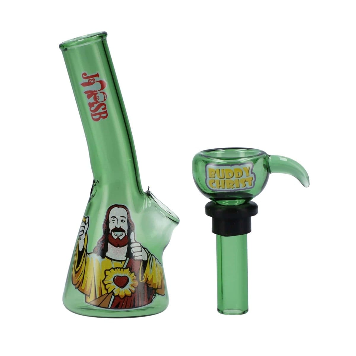 A front view of the 4" Mini Water Pipe - Buddy Christ Green, showcasing a green glass pipe shaped like a religious figure.