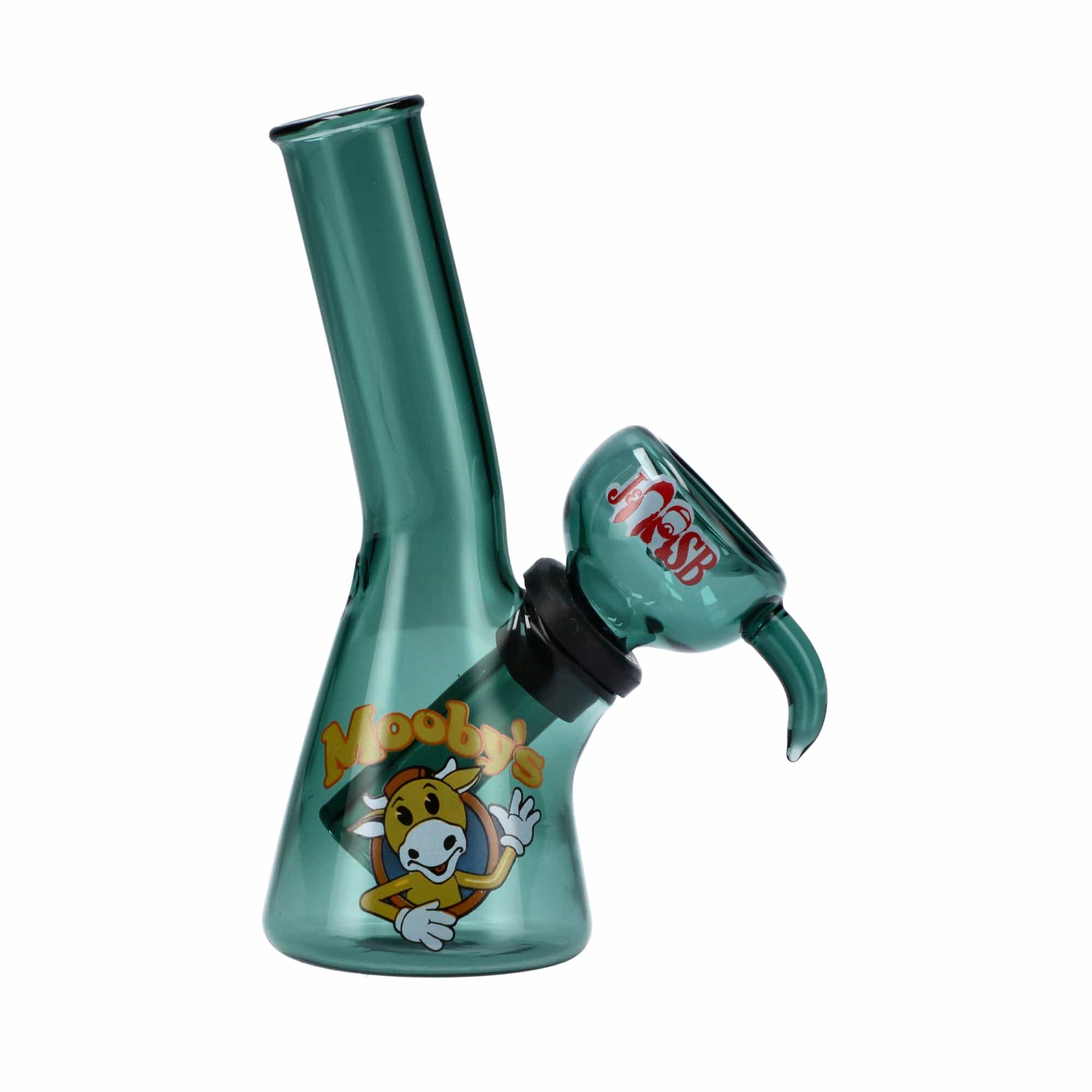A front view of the 4" Mini Water Pipe - Mooby's Teal, showing a teal glass pipe with a rounded base and visible joint.