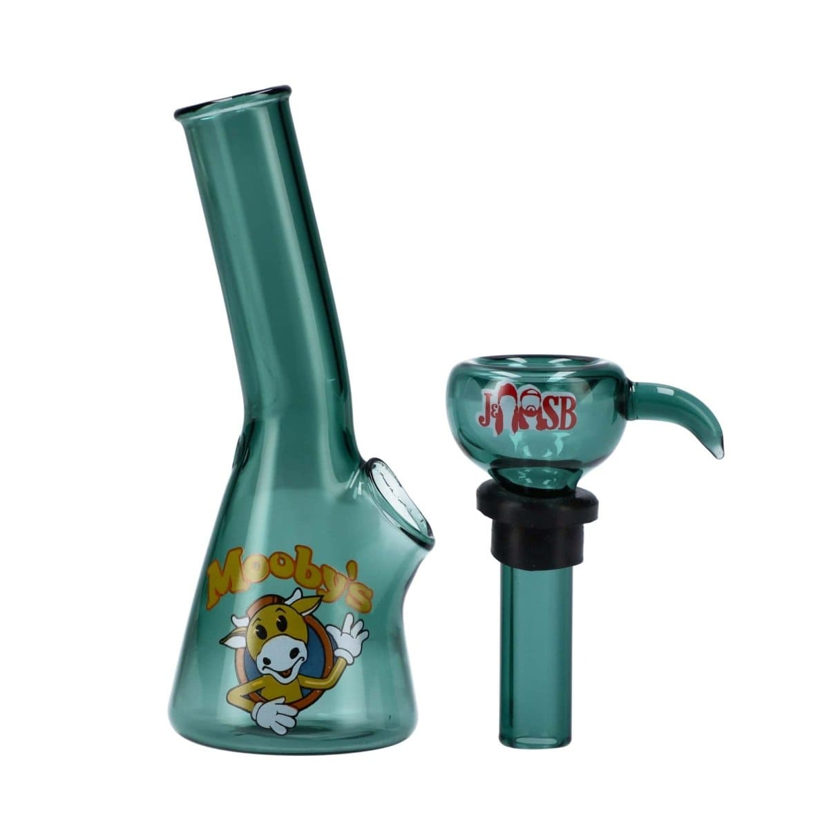 A front view of the 4" Mini Water Pipe - Mooby's Teal, featuring a teal-colored glass pipe with a branded design.
