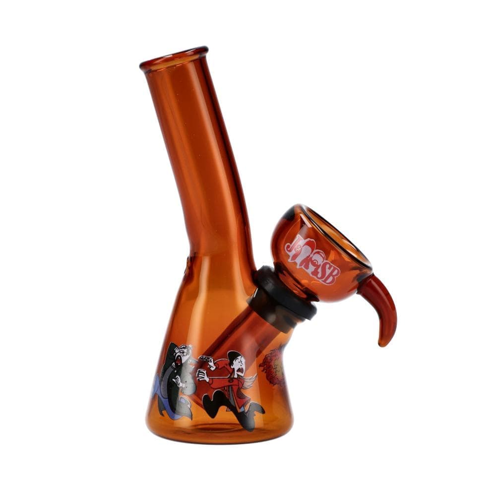Front view of the 4" Mini Water Pipe - On The Run Amber, showing a clear amber glass pipe angled against a plain white background.